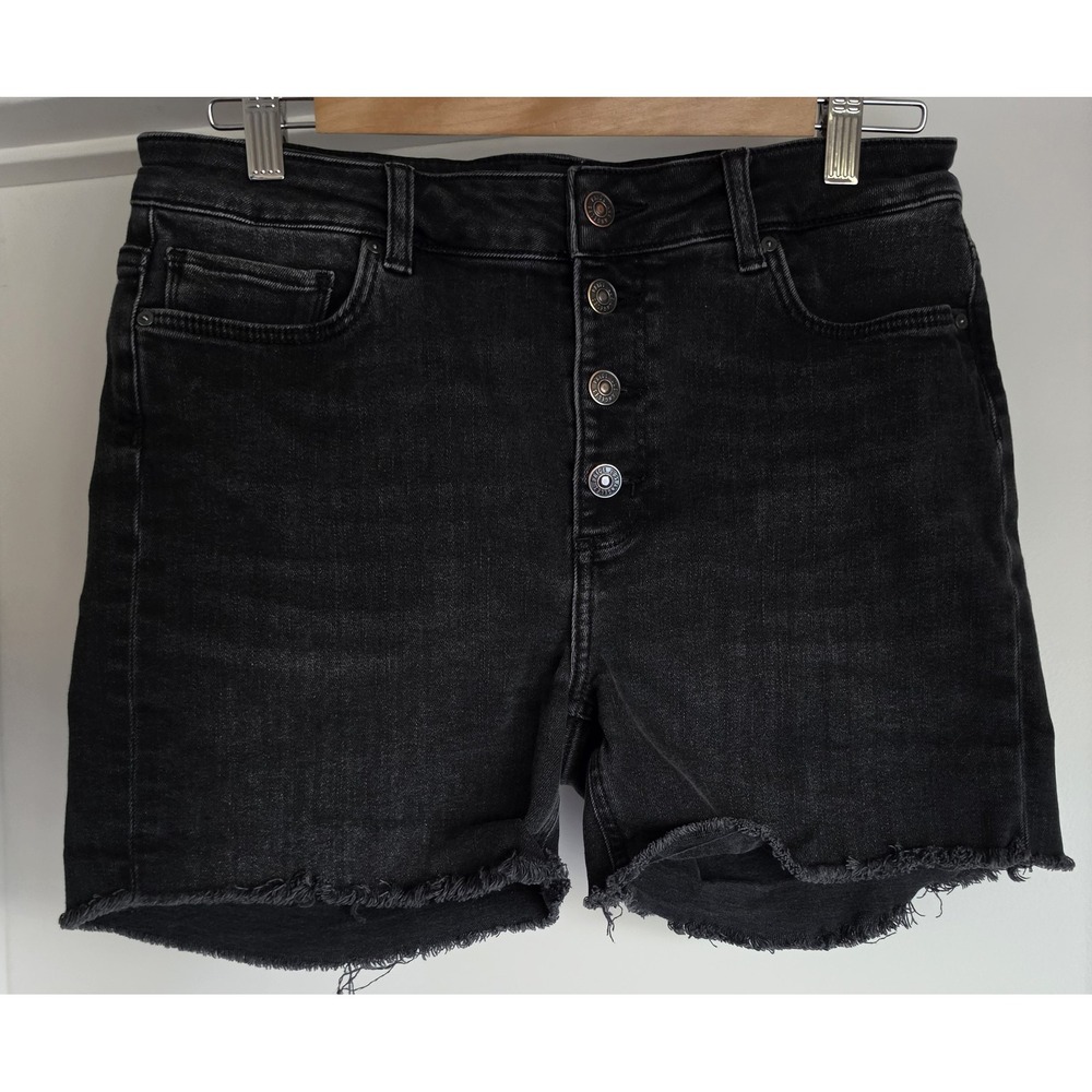 PAIGE Black Button-Front Distressed Denim Shorts